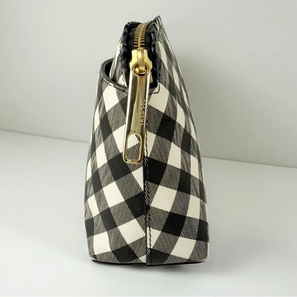 Talbots Cosmetic Makeup Bag Womens Black Cream Gingham Scallop Zipper Travel